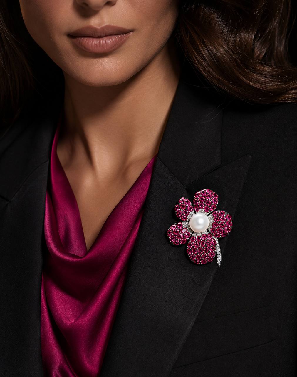 Alicia Flower Pearl Brooch with High-Quality Simulated Diamonds in 925 Sterling Silver