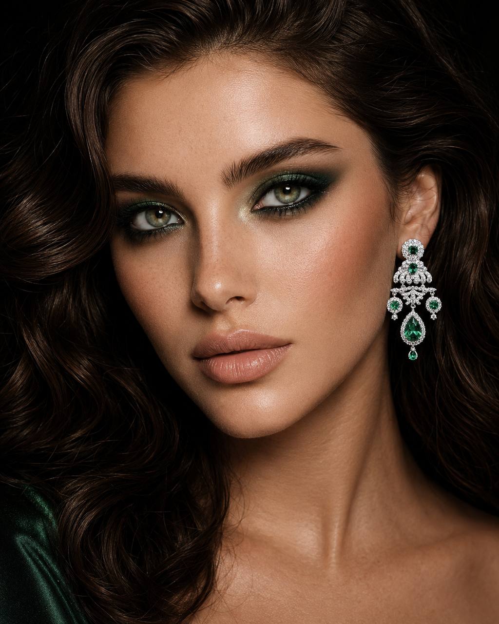 Omnia Amani Chandelier Earrings with Emerald Green Simulated Diamonds in 925 Silver - OMNIASTORES KSA