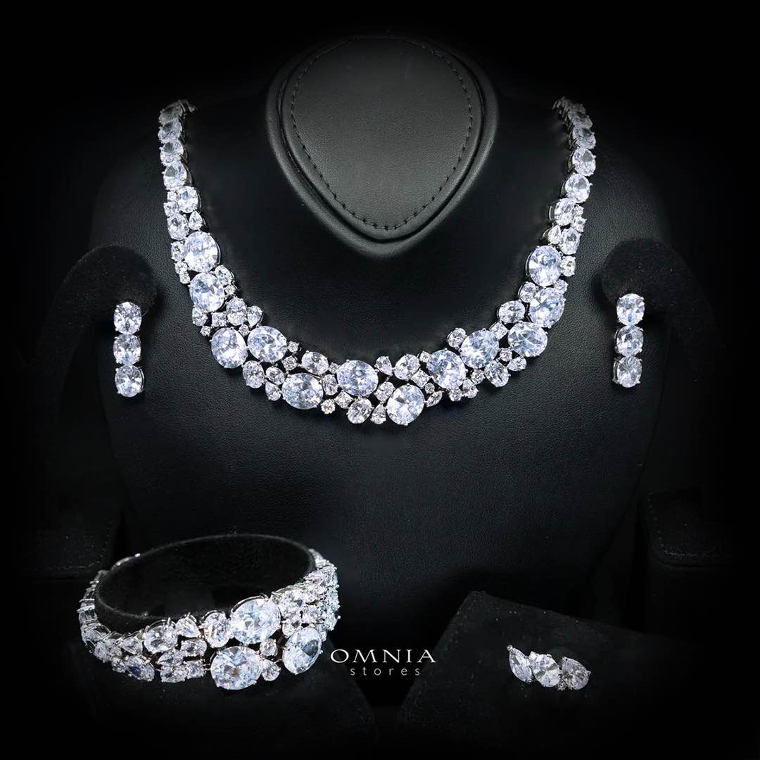 Omnia Artemis White Luxury Bridal Set with Round and Oval Cut High Quality Simulated Diamonds Premium Rhodium Plated