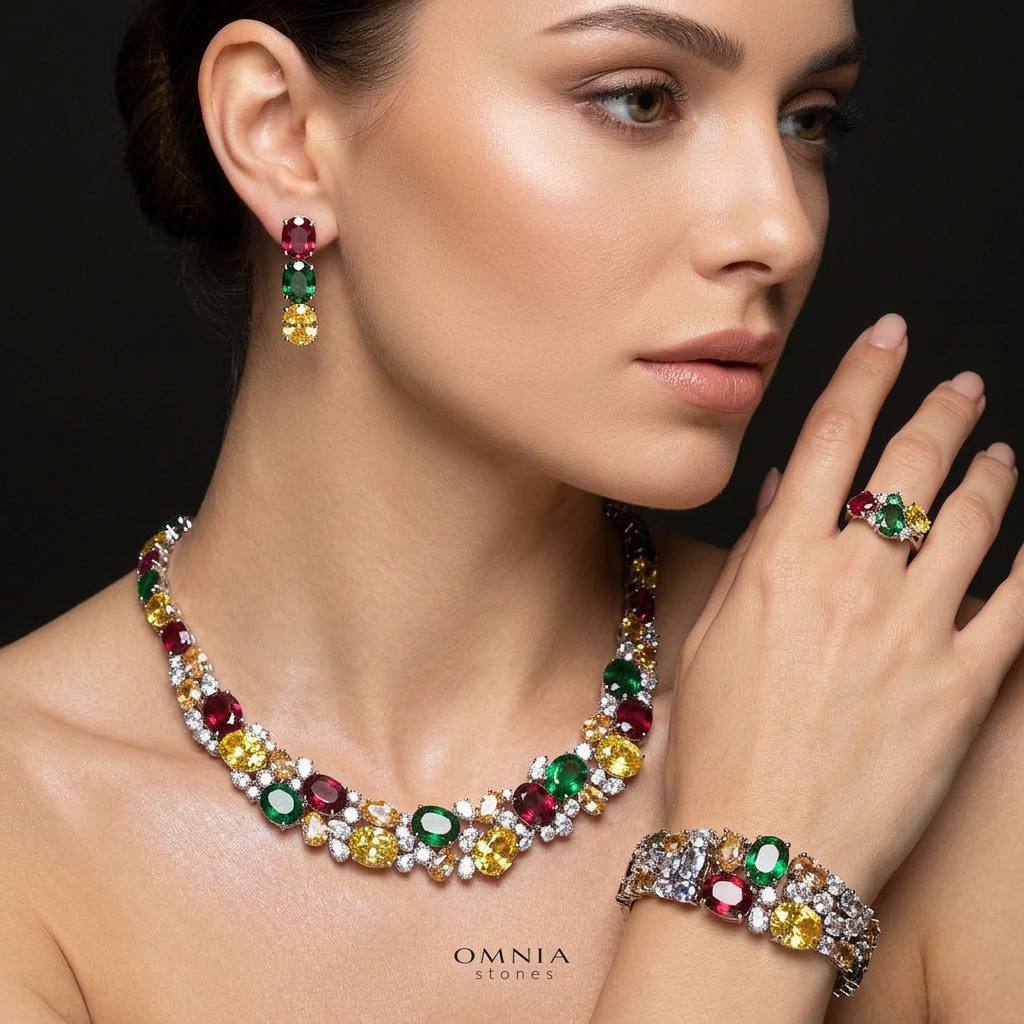 Omnia Artemis Bridal Set in Green Yellow and Red Simulated Diamonds - OMNIASTORES KSA