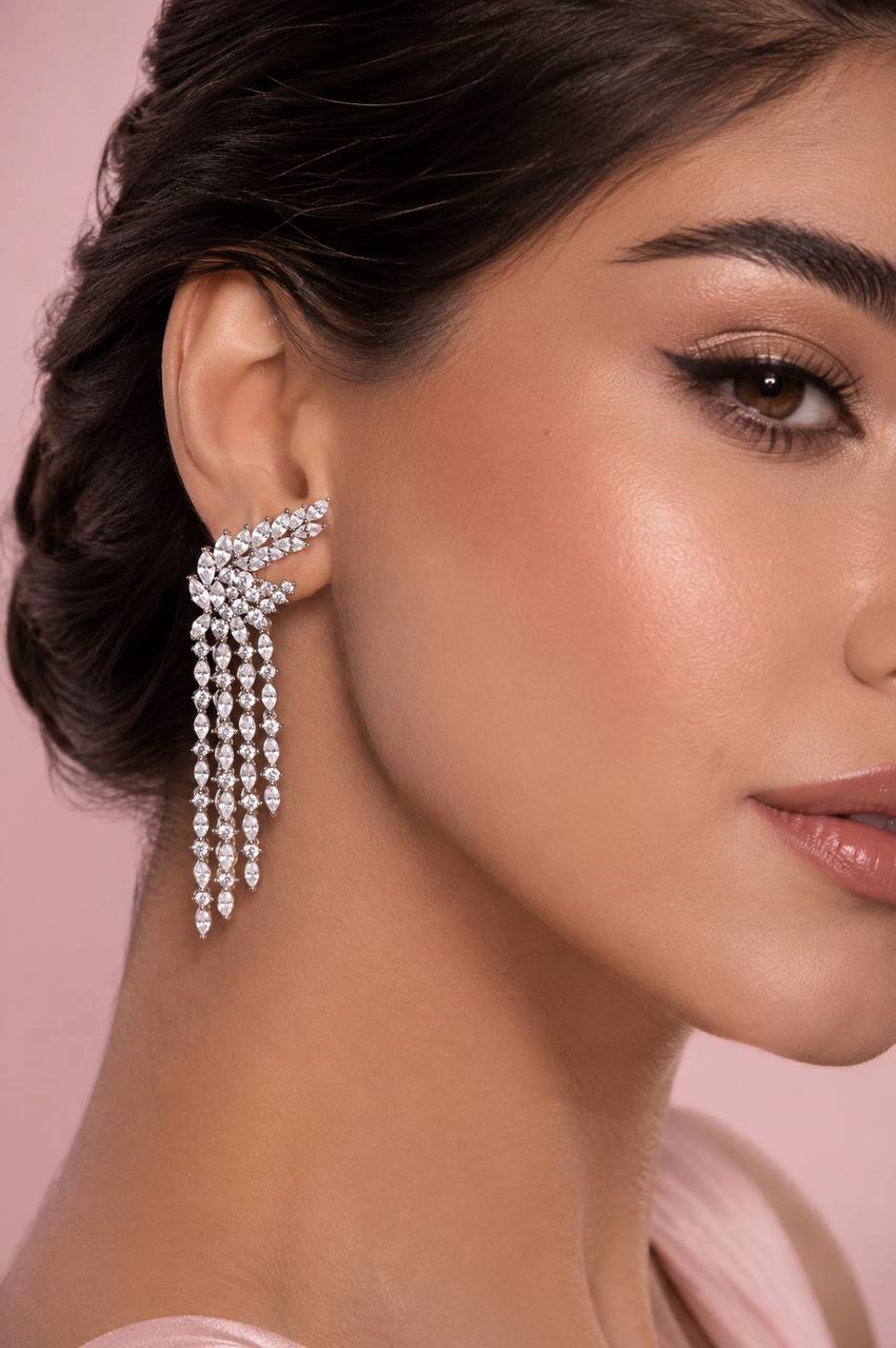 Omnia Aurora Winged Cascade Earrings in 925 Silver with Marquise and Baguette-Cut High-Quality Simulated Diamonds - OMNIASTORES KSA