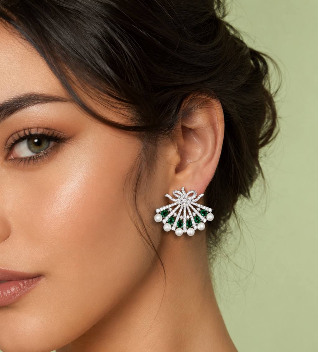 Omnia Azra Pearl White and Green Earrings With High Quality Certified Lab Crafted Stones In 925 Silver - OMNIASTORES KSA