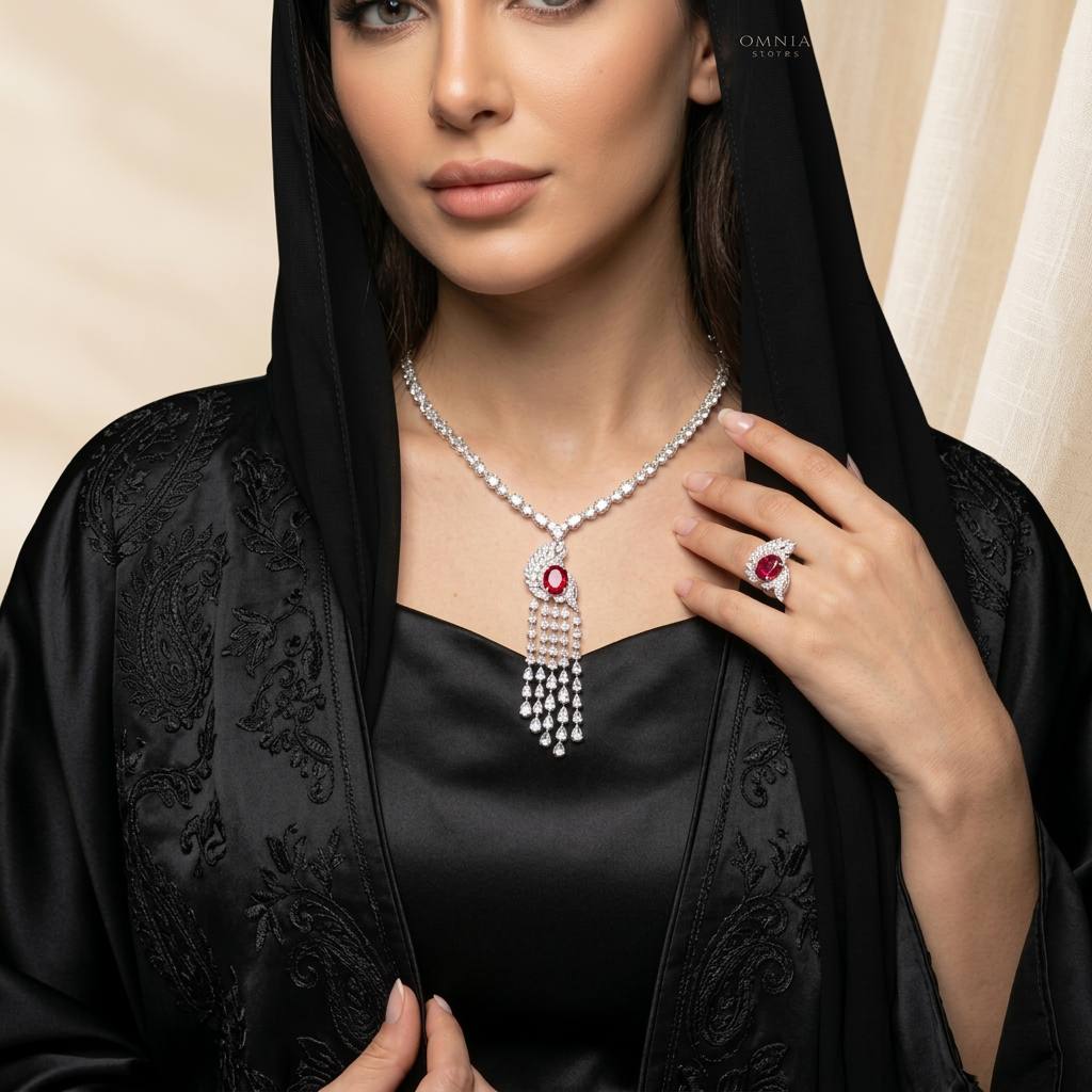 Omnia Bariza Maroon Necklace & Ring Set in 925 Silver with Oval and Marquise-Cut High-Quality Simulated Diamonds - OMNIASTORES KSA