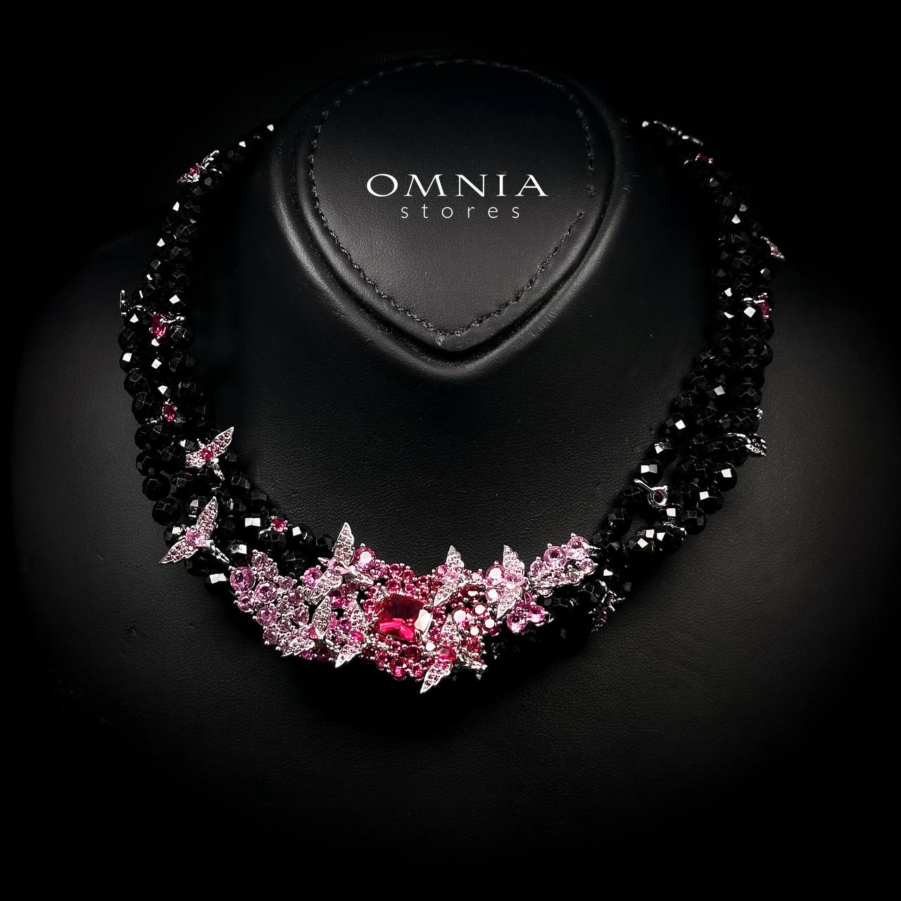 Omnia Blossom Black Beads Necklace in 925 Silver with High Quality Simulated Diamonds - OMNIASTORES KSA