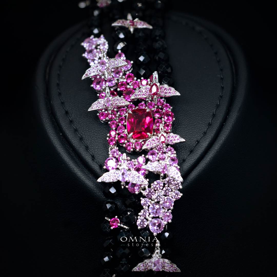 Omnia Blossom Black Beads Necklace in 925 Silver with High Quality Simulated Diamonds - OMNIASTORES KSA