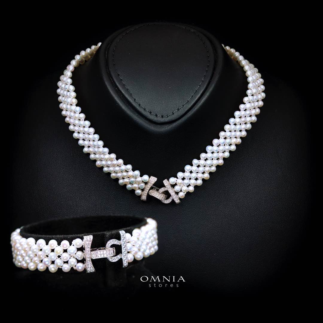 Omnia Alice Fresh Water Pearl Necklace and Bracelet Set with 925 Silver High Quality Simulated Diamonds Stones - OMNIASTORES KSA