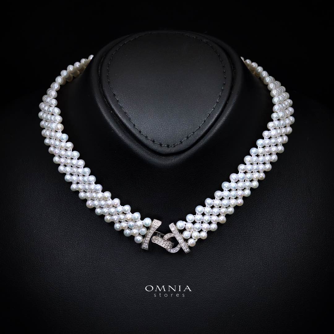 Omnia Alice Fresh Water Pearl Necklace and Bracelet Set with 925 Silver High Quality Simulated Diamonds Stones - OMNIASTORES KSA