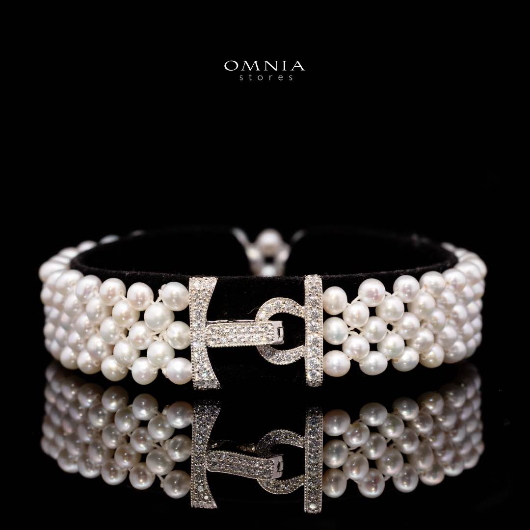 Omnia Alice Fresh Water Pearl Necklace and Bracelet Set with 925 Silver High Quality Simulated Diamonds Stones - OMNIASTORES KSA