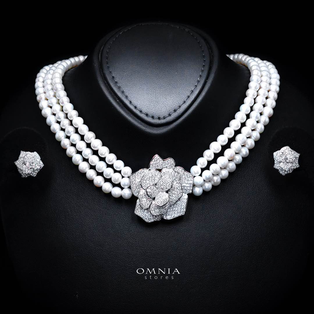 Omnia Nazira Silver Pearl Necklace and Flower Earrings in 925 Silver Accessories High Quality Simulated Diamonds - OMNIASTORES KSA