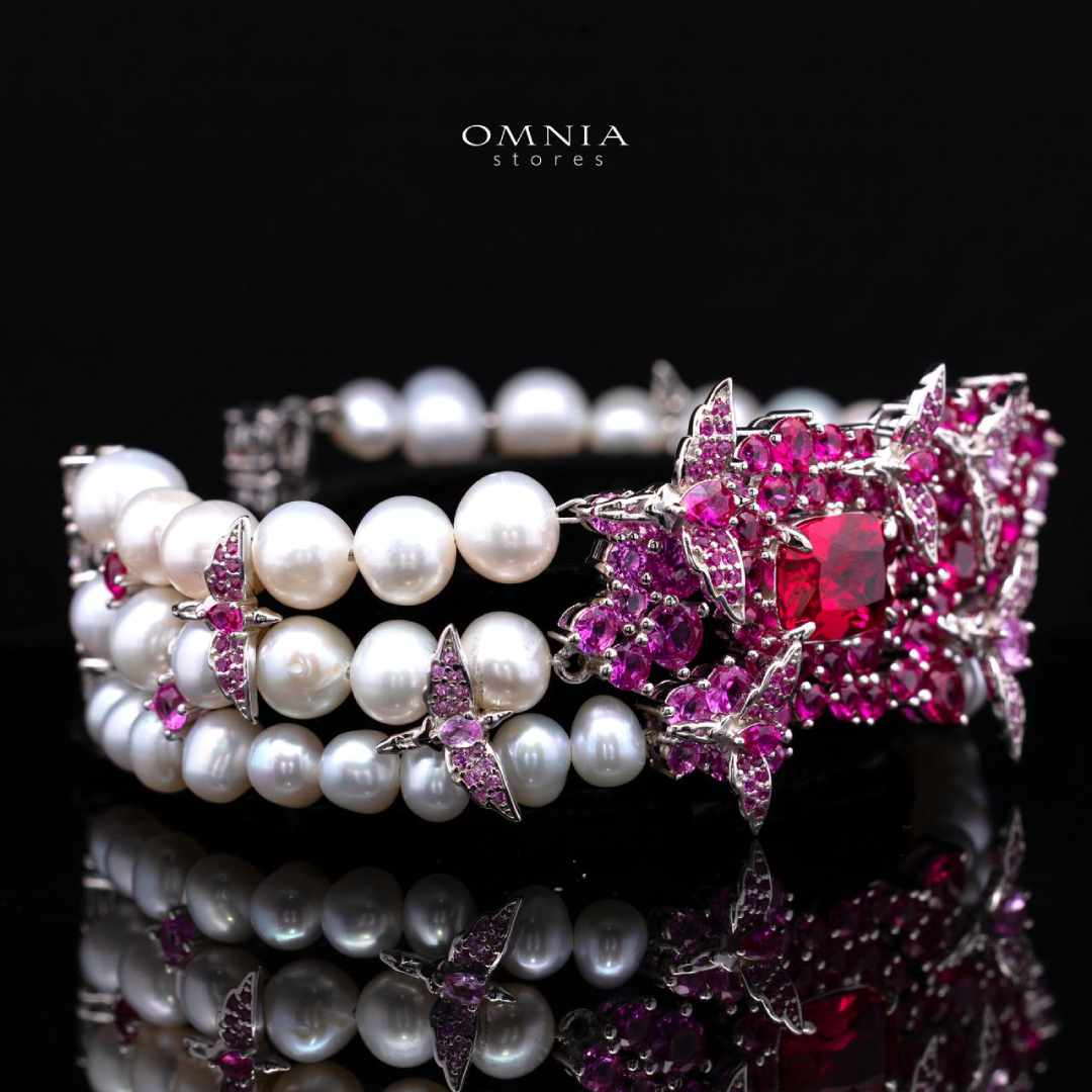 Omnia Blossom Pearl Bracelet in 925 Silver with High Quality Simulated Diamonds - OMNIASTORES KSA