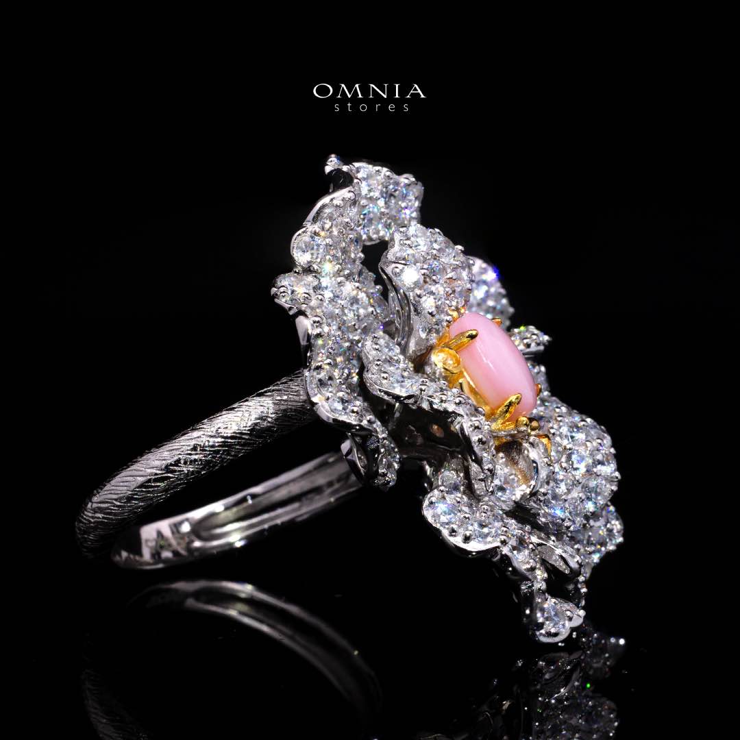Omnia Sihab Pink Coral Flower Silver Ring in 925 Silver High Quality White Simulated Diamond Stones
