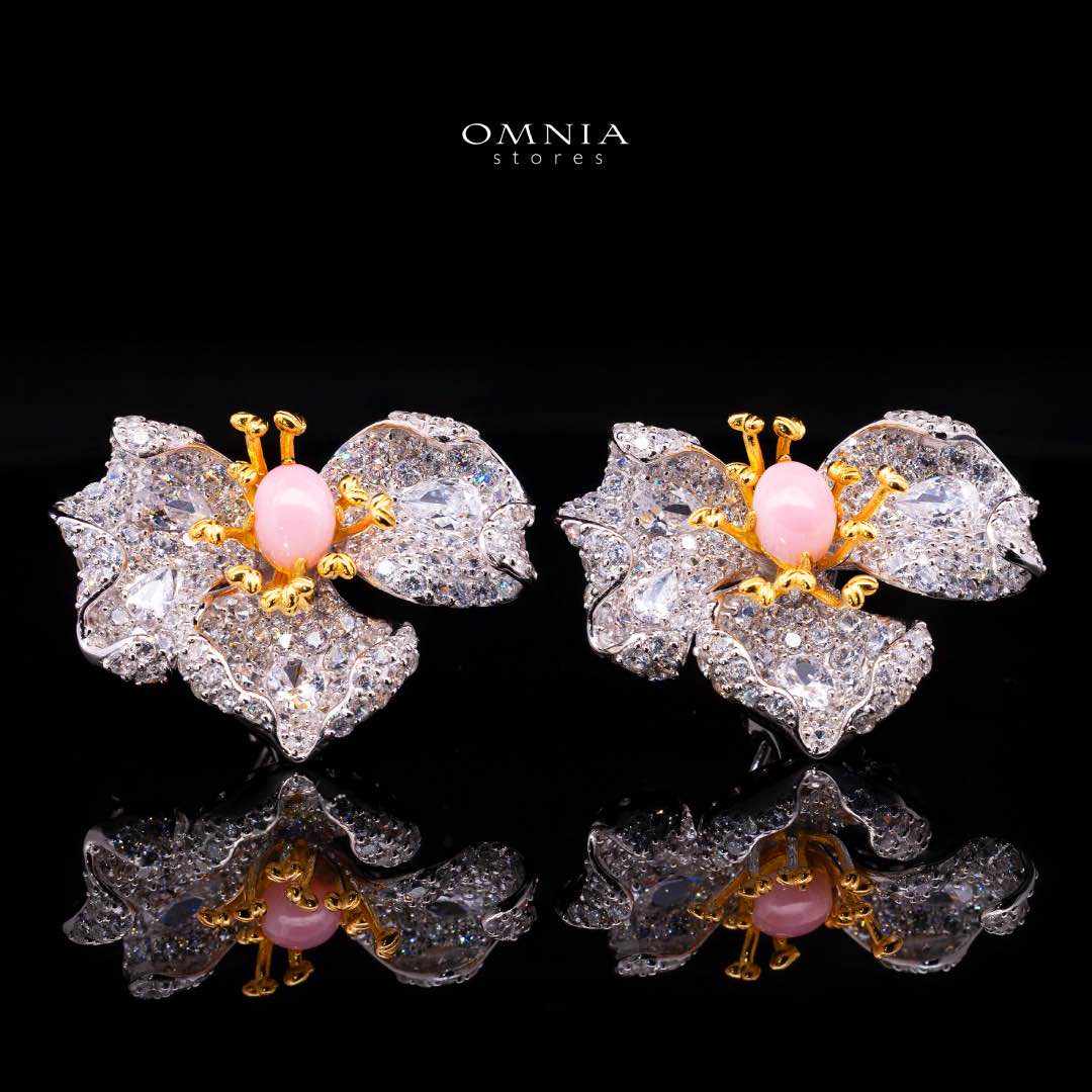 Omnia Fiora Pink Coral Flower Silver Clip Earrings in 925 Silver High Quality White Simulated Diamond Stones - OMNIASTORES KSA