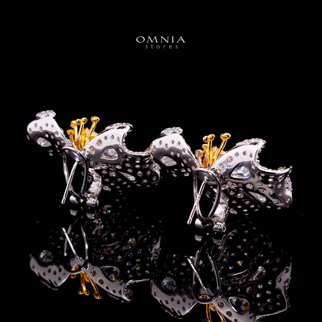 Omnia Fiora Pink Coral Flower Silver Clip Earrings in 925 Silver High Quality White Simulated Diamond Stones - OMNIASTORES KSA