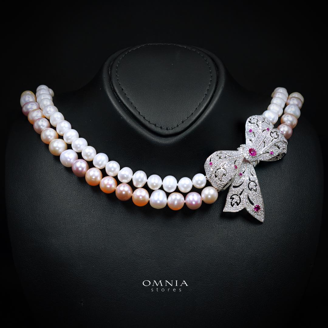 Omnia Arleth Multi-Color Real Pearl Set with Bow Accent and High-Quality Simulated Diamonds, Featuring a Double-Strand Design - OMNIASTORES KSA