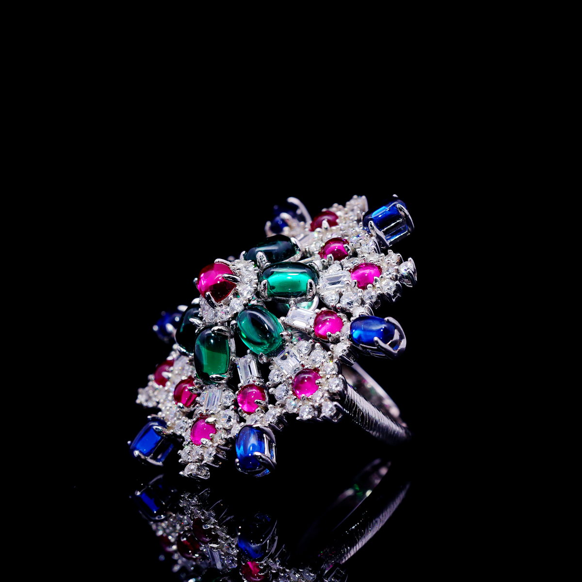Omnia Feda Multi Color Silver Ring in 925 Silver High Quality Simulated Diamonds Stones