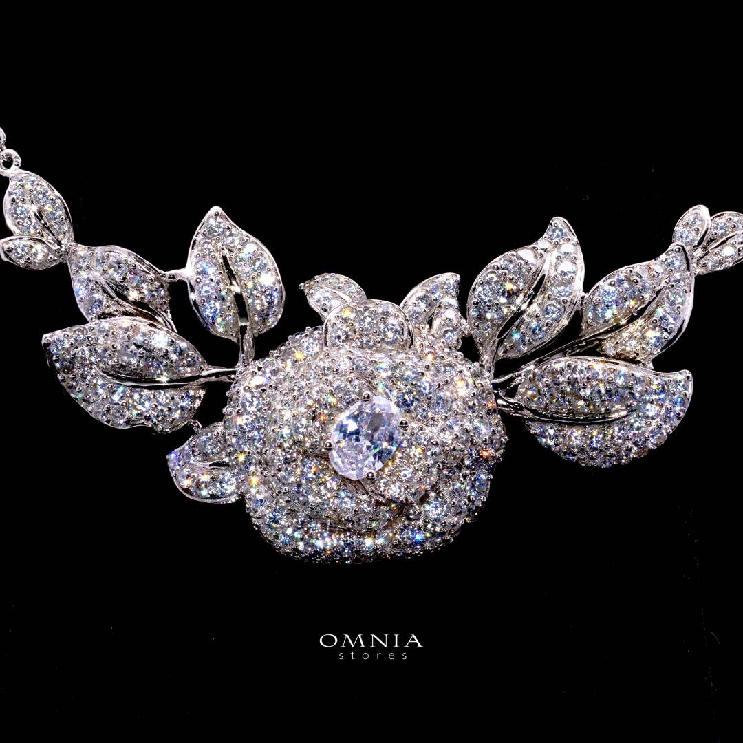 Eiza Rose Leaf Necklace In 925 Silver With High Quality Simulated Diamonds