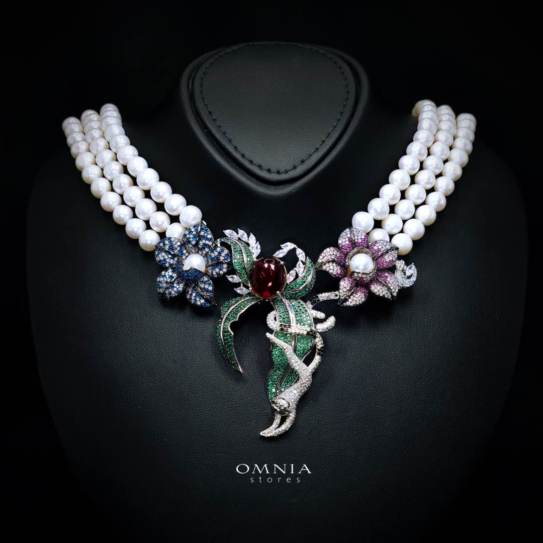 Omnia Nahla Fresh Real Water Pearl Necklace 925 Silver High Quality Simulated Diamonds - OMNIASTORES KSA