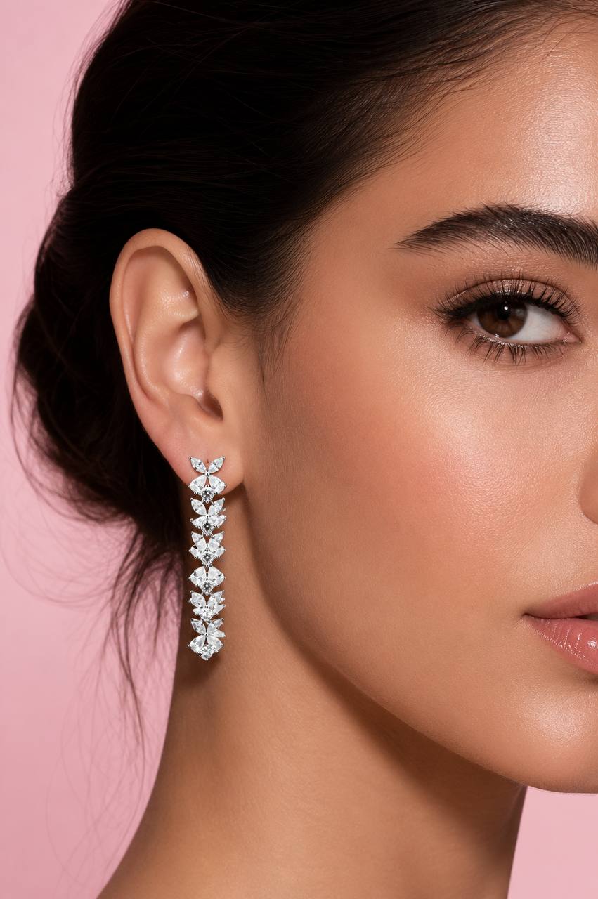 Omnia Cahira Silver Drop Earrings in 925 Silver with High-Quality White Simulated Diamonds - OMNIASTORES KSA