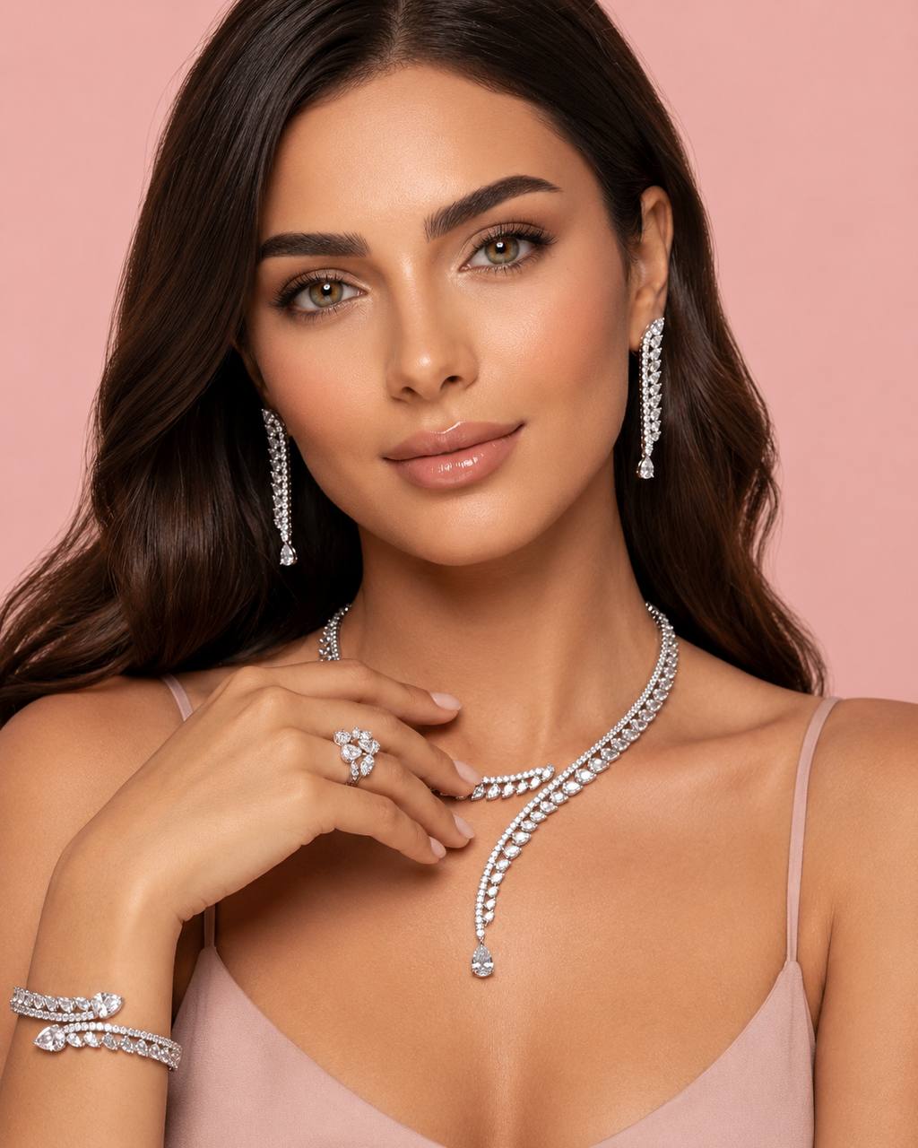 Catalina Elegant White Cascading Leaf Drop Bridal Full Set with High-Quality Premium Zircon Stones, Rhodium-Plated Finish - OMNIASTORES KSA