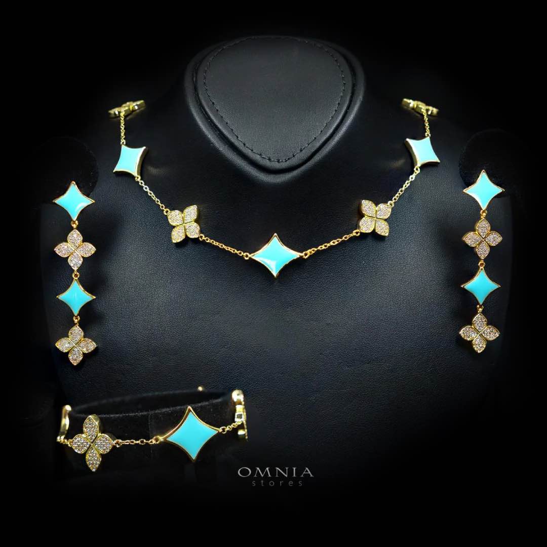 Omnia Golden Clove Turquoise Choker Full Set with High-Quality Simulated Diamonds Gold Plated