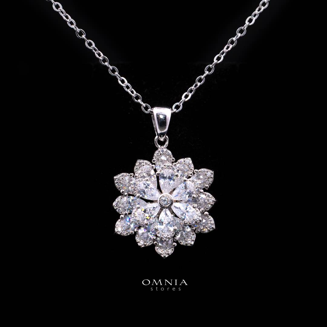 Omnia Damiyah White Floral Silver Pendant Necklace in 925 Silver with High Quality Simulated Diamonds - OMNIASTORES KSA