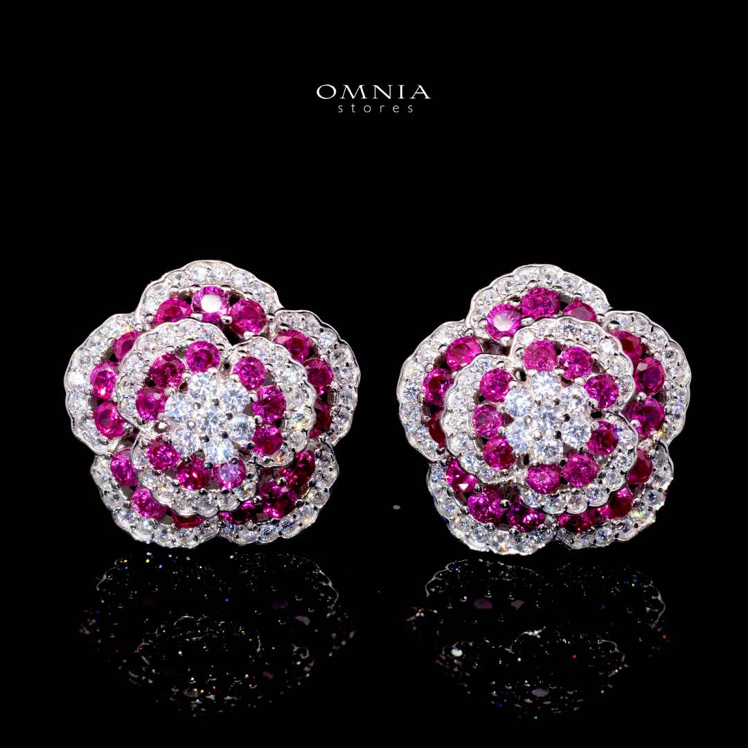 Omnia Ghaida Rose Cluster Stud Earrings – 92.5 Sterling Silver | Simulated Diamonds | Elegant Silver Earrings for Women – Floral Sparkle & Hypoallergenic Beauty - OMNIASTORES KSA
