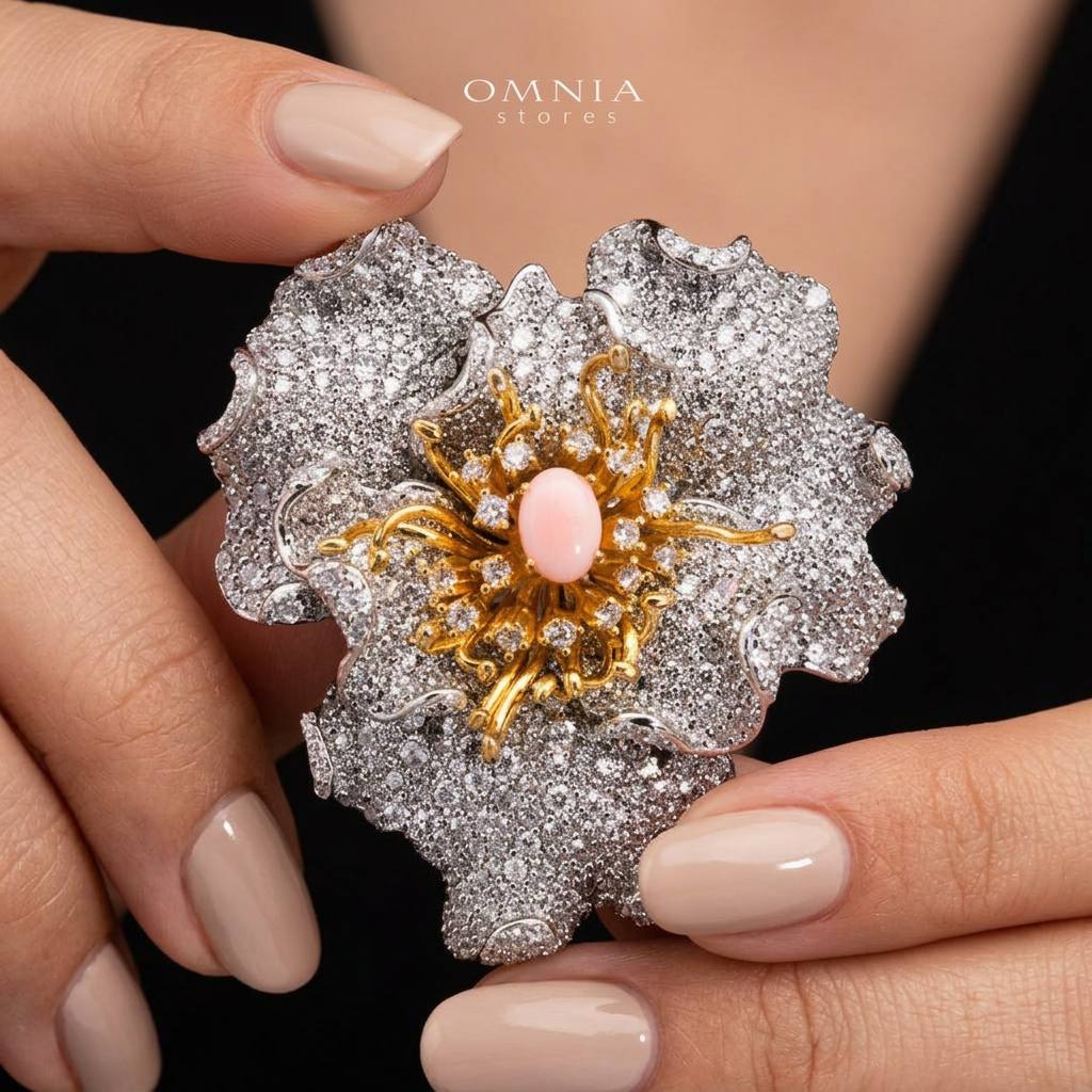 Omnia Fiora Pink Coral Flower Silver Brooch in 925 Silver High Quality White Simulated Diamond Stones - OMNIASTORES KSA