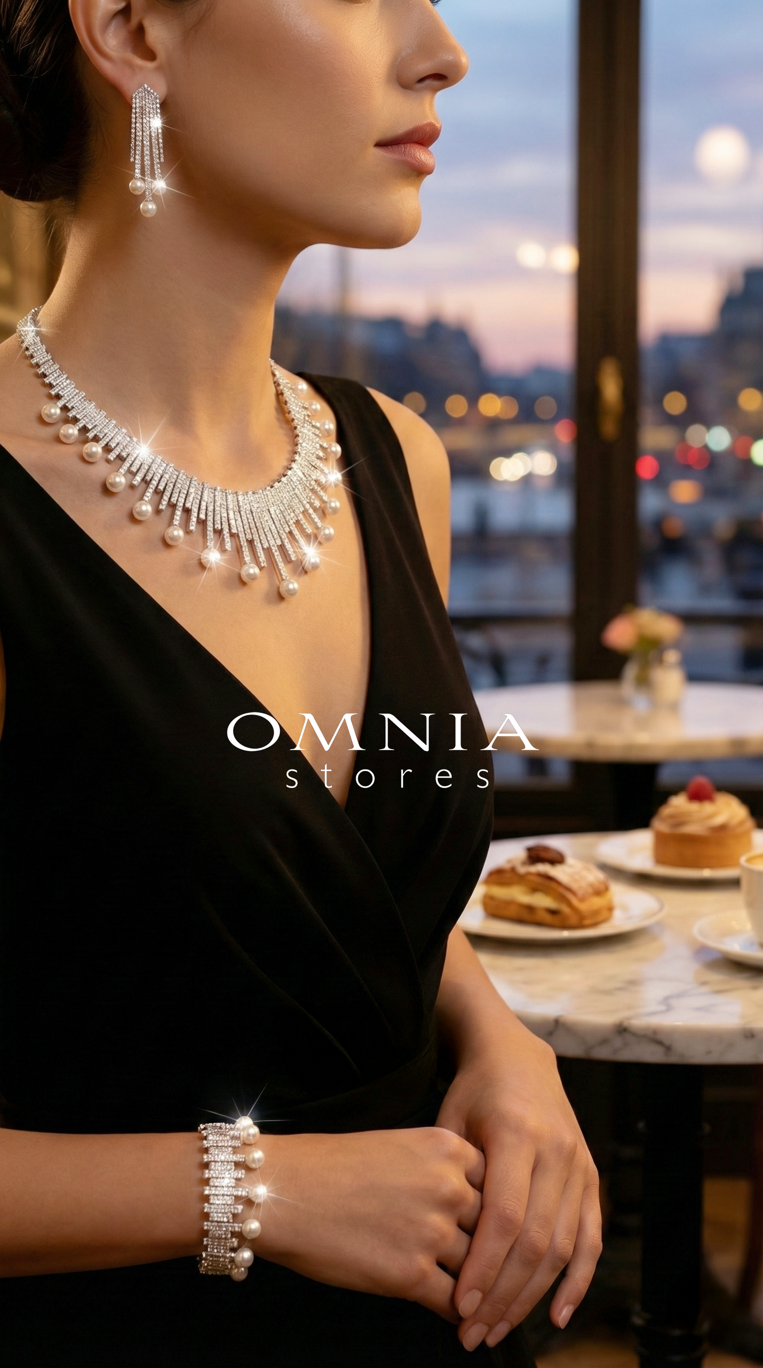 طقم زفاف كامل من أومنيا آشلي لؤلؤي أبيض من الفضة عيار 925 مع ألماس صناعي عالي الجودة