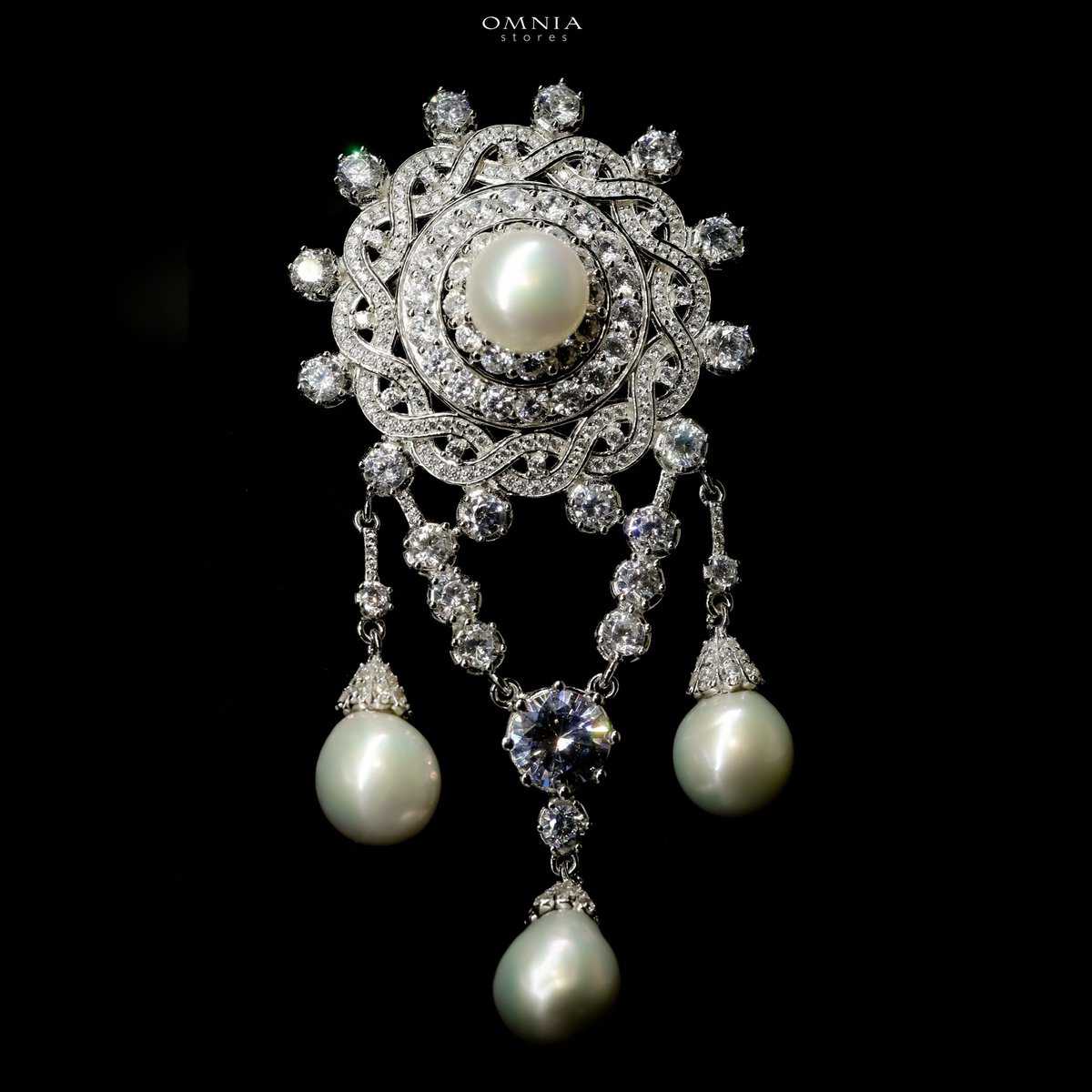 Omnia Willow Fresh Real Water Pearl brooch in 92.5 Silver In High Quality Simulated diamonds - OMNIASTORES UAE
