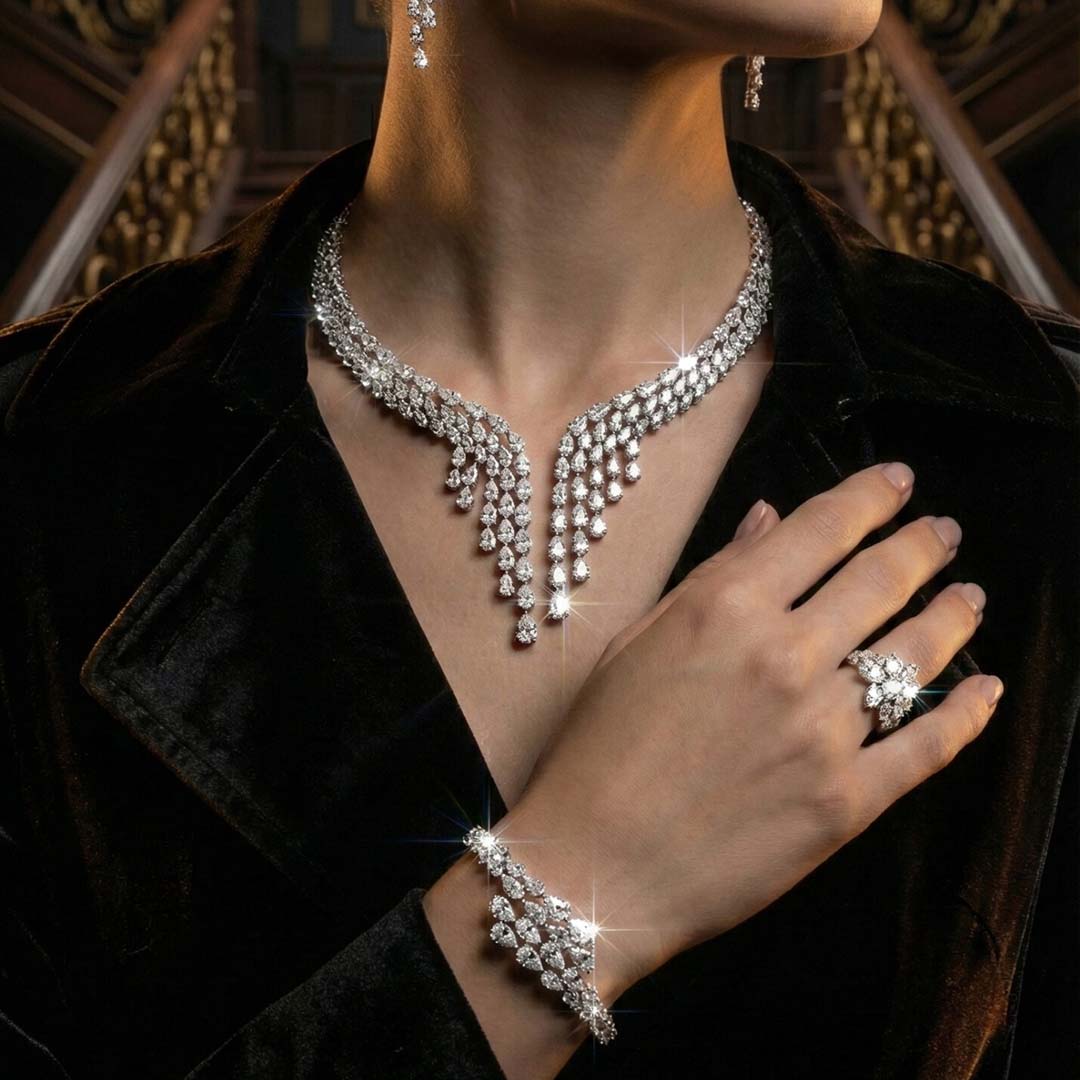 Omnia Senna Luxury Bridal White Full Set in High Quality Zircon Stone Rhodium Plated - OMNIASTORES KSA