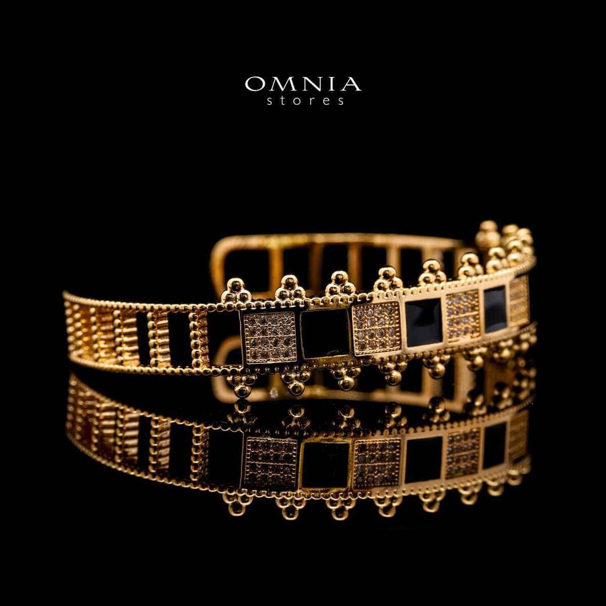 Omnia Noor Gold-Plated Bracelet and Ring Set with Black Square-Cut and Round-Cut High-Quality Zircon Stones in Elegant Design - OMNIASTORES UAE