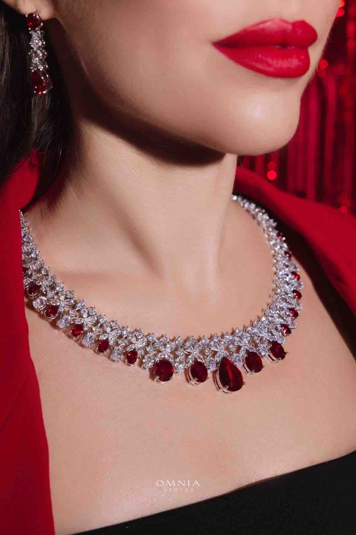 Omnia Suhana Red Bridal Full Set in High Quality Simulated Diamonds - OMNIASTORES KSA