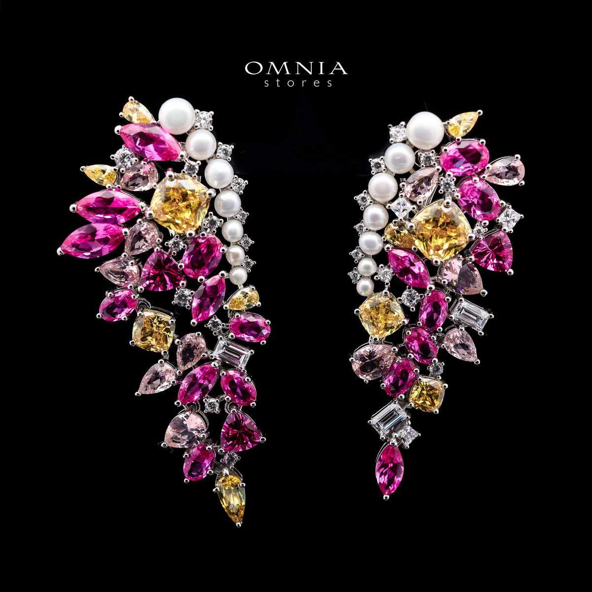 Omnia Amara Statement Earrings in 925 Silver with Multi-Colored High-Quality Simulated Diamonds - OMNIASTORES UAE