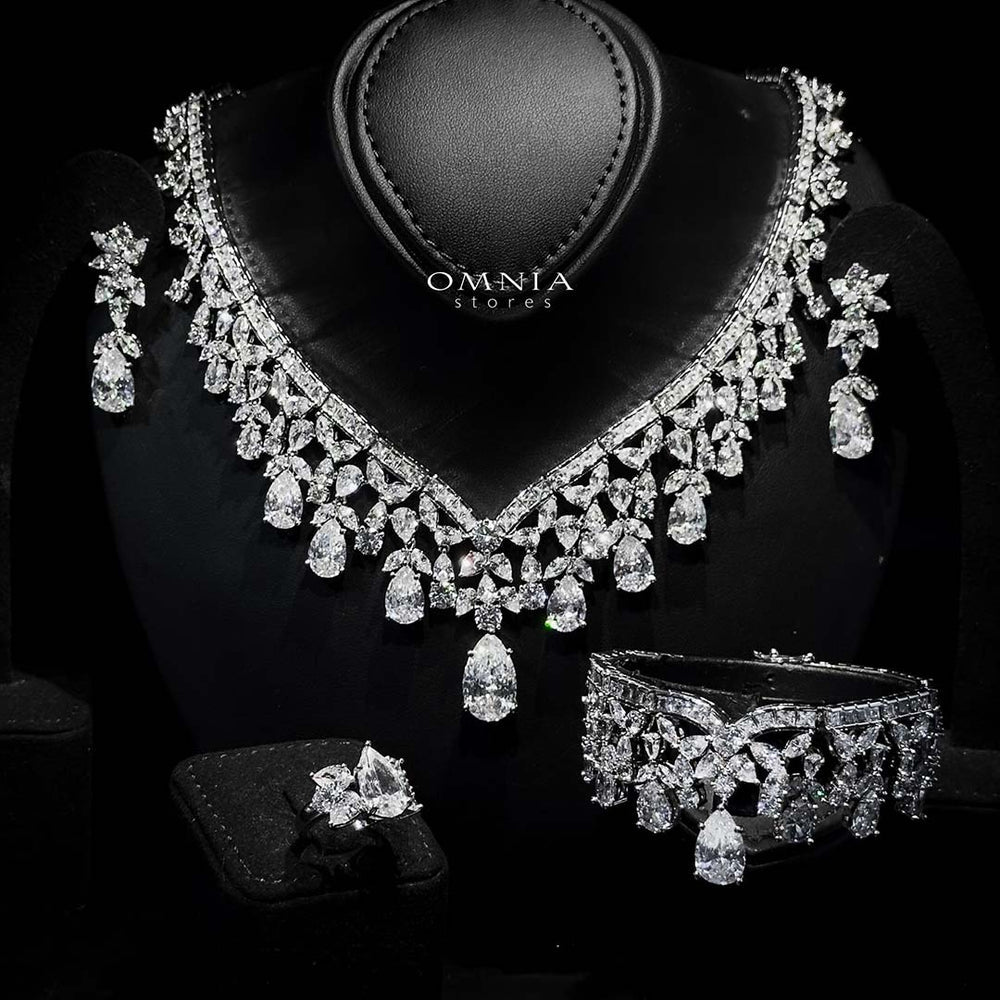 Omnia Princess White Luxury Bridal Full Set with Pear-Cut High-Quality Simulated Diamonds Rhodium Plated