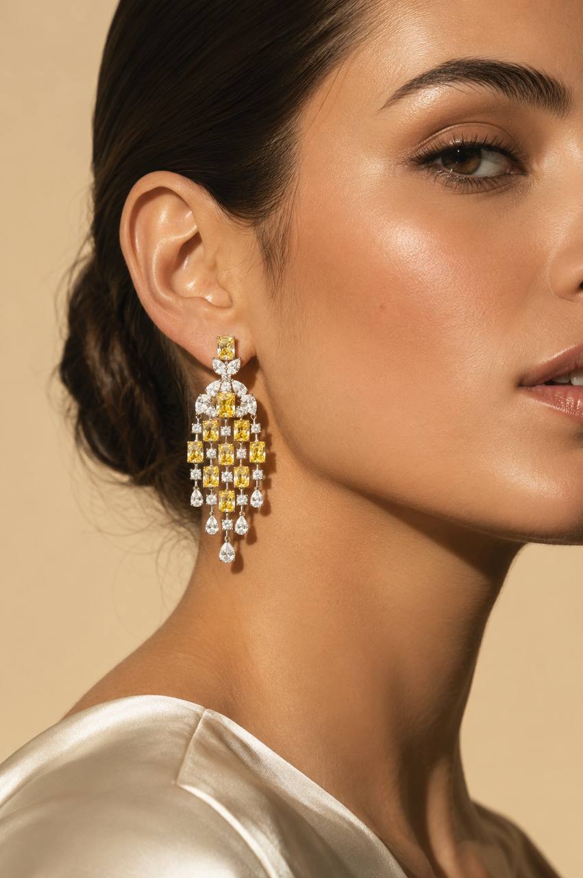 Omnia Israa Yellow Chandelier Earrings In 925 Silver High Quality Simulated diamonds