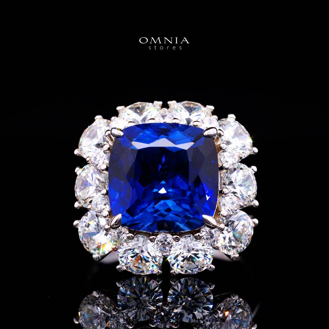 Omnia Hinza Blue Cushion Cut Ring With High Quality Certified Lab Crafted Stones In 925 Silver - OMNIASTORES KSA