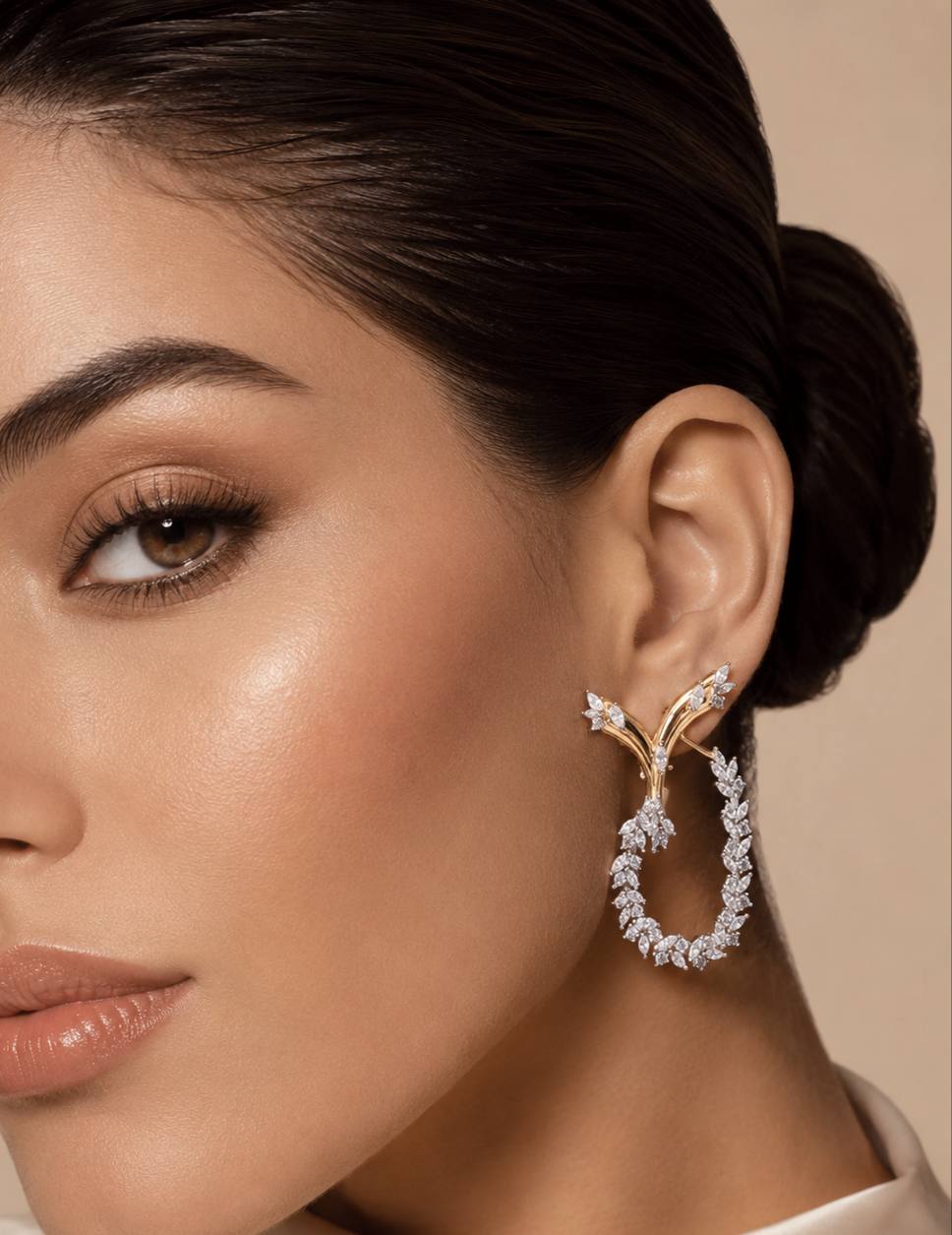 Julienne Golden Floral Hoop Clip-On Earrings in 925 Silver with Premium Simulated Diamonds - OMNIASTORES KSA