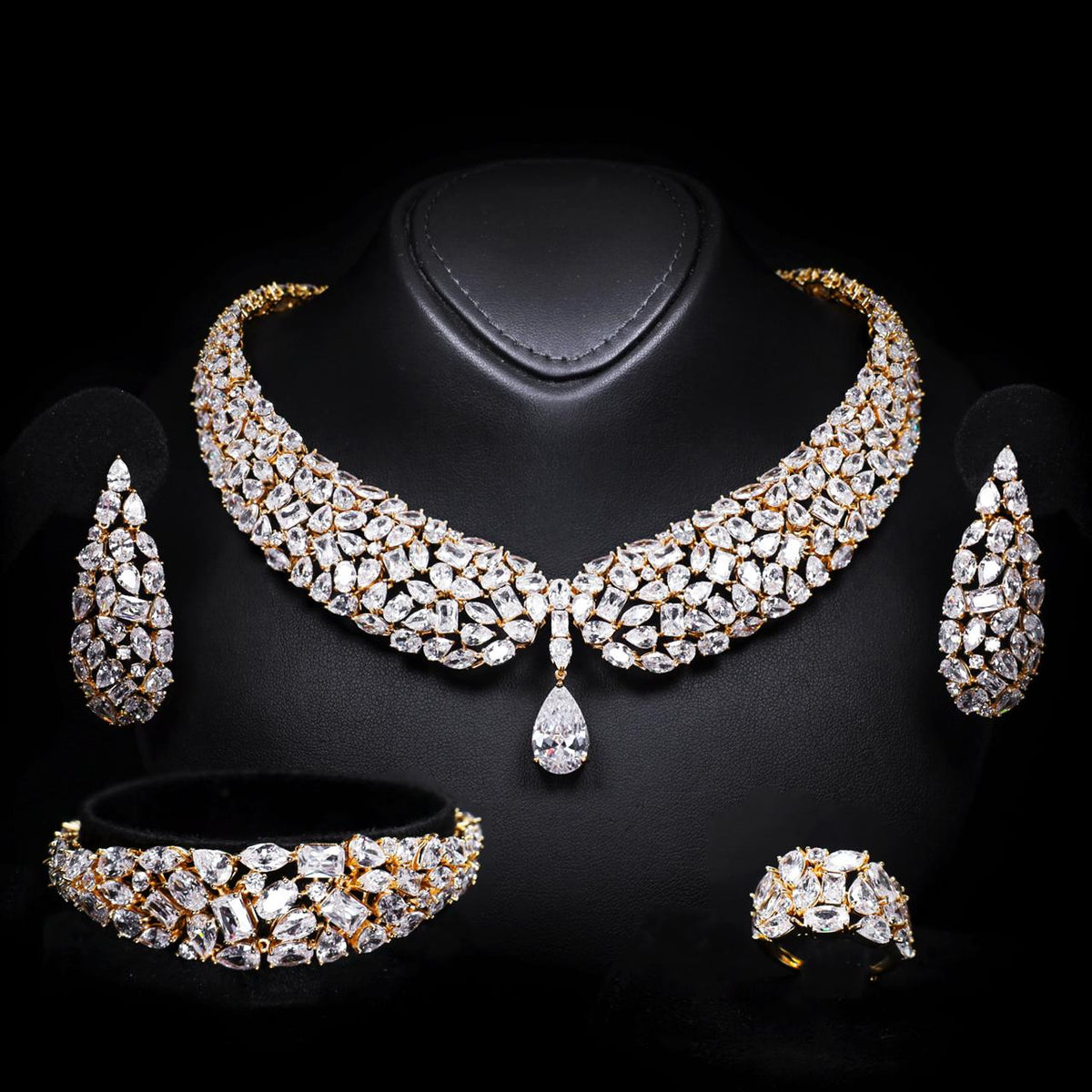 Lailah Gold Luxury Bridal Full Set with High-Quality Zircon Stones Rhodium-Plated Finish