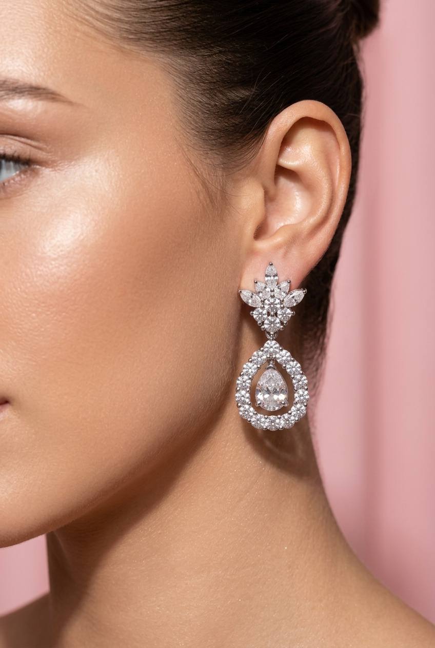 Laniyah White Moissanite Floral Halo Drop Earrings with GRA Certificat