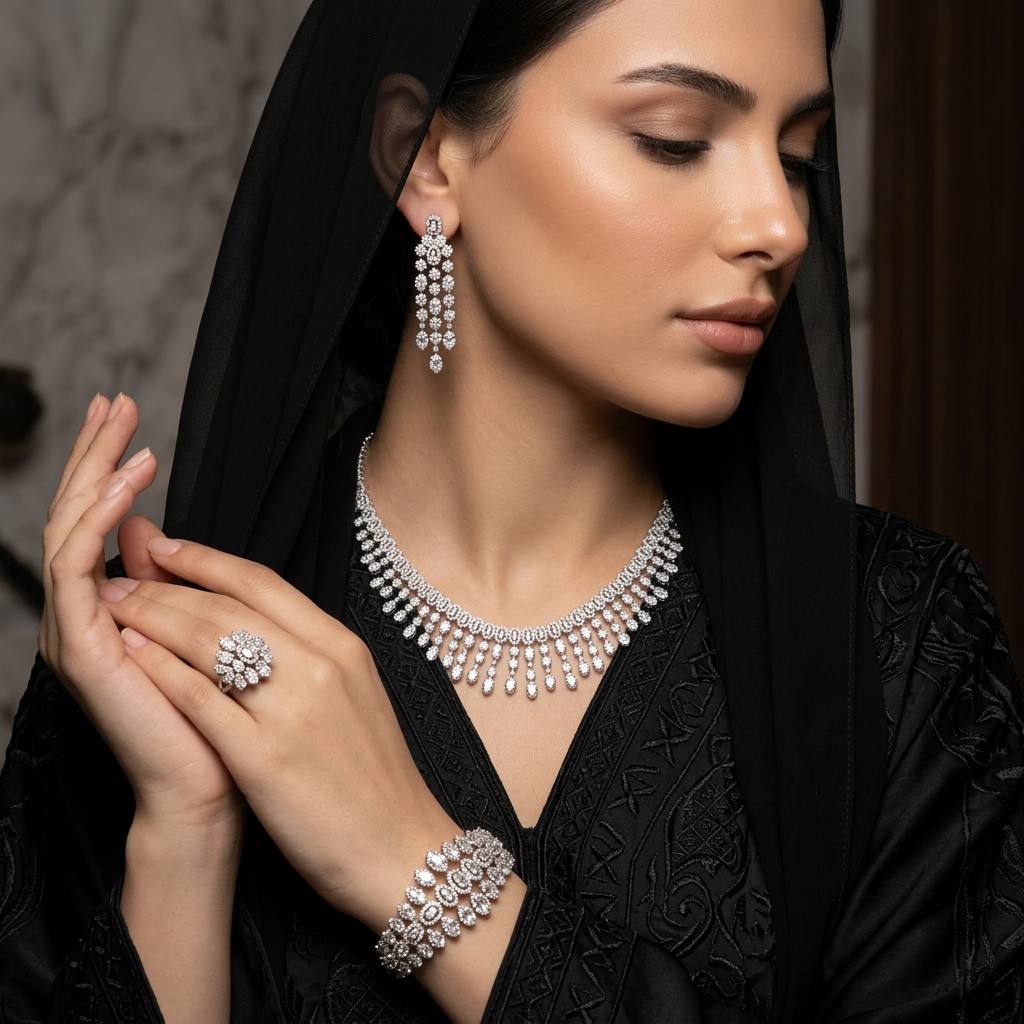 أمنية طقم لين عرايس ملكي فخم مرصع بأحجار الزيركون (ألماس محاكي) نخب أول ومطلي بالروديوم