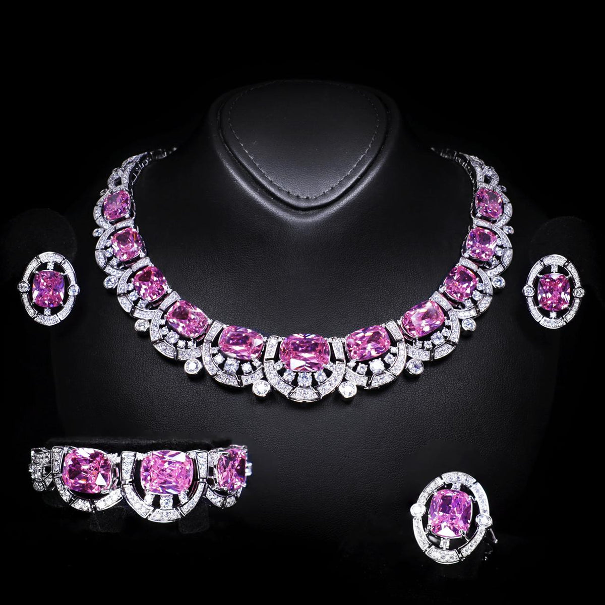 Liah Pink Luxury Bridal Full Set with High-Quality Zircon Stones Premium Rhodium Plating