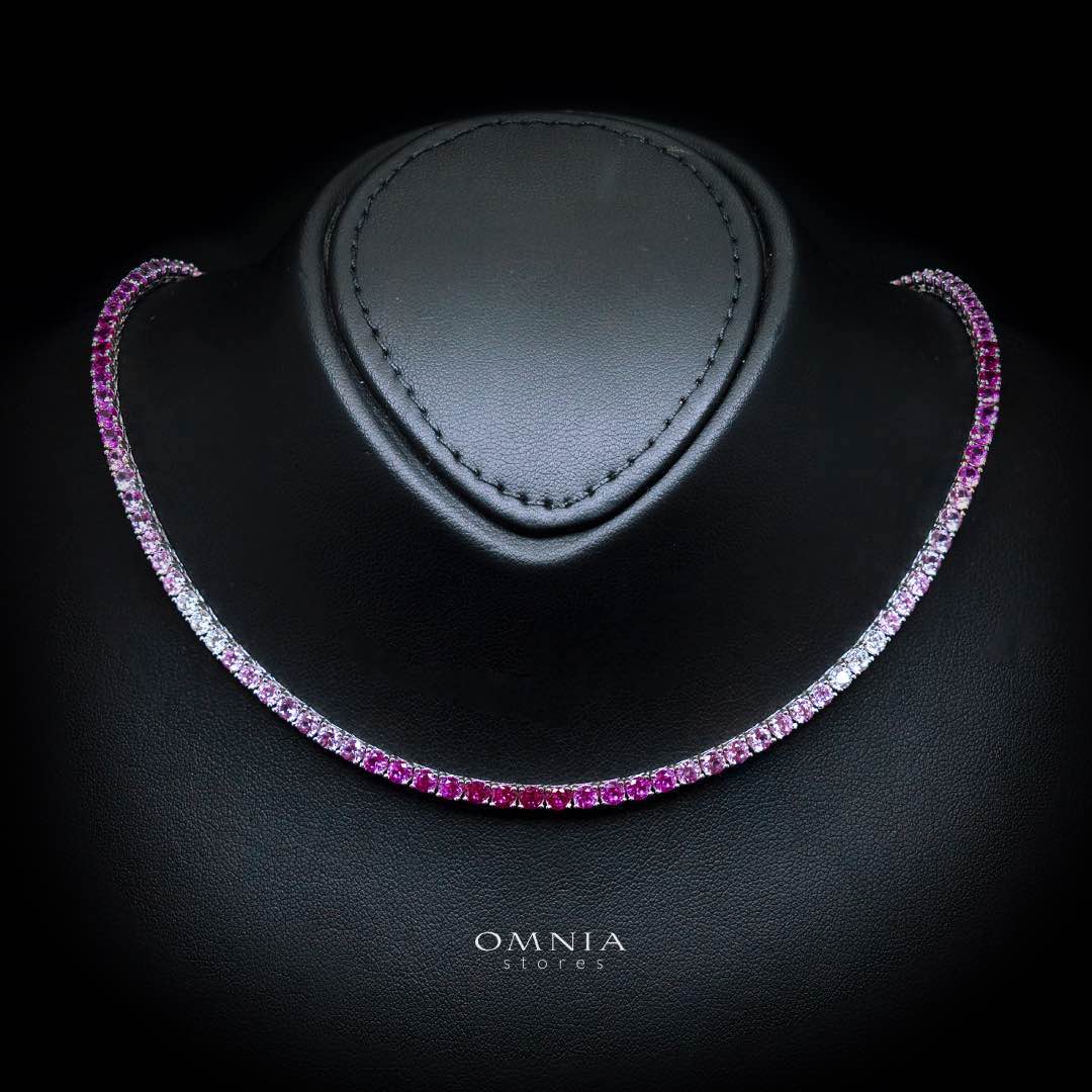 Omnia Saleen Pink 3mm Tennis Necklace 42cm in 925 Silver High Quality Simulated diamonds - OMNIASTORES KSA