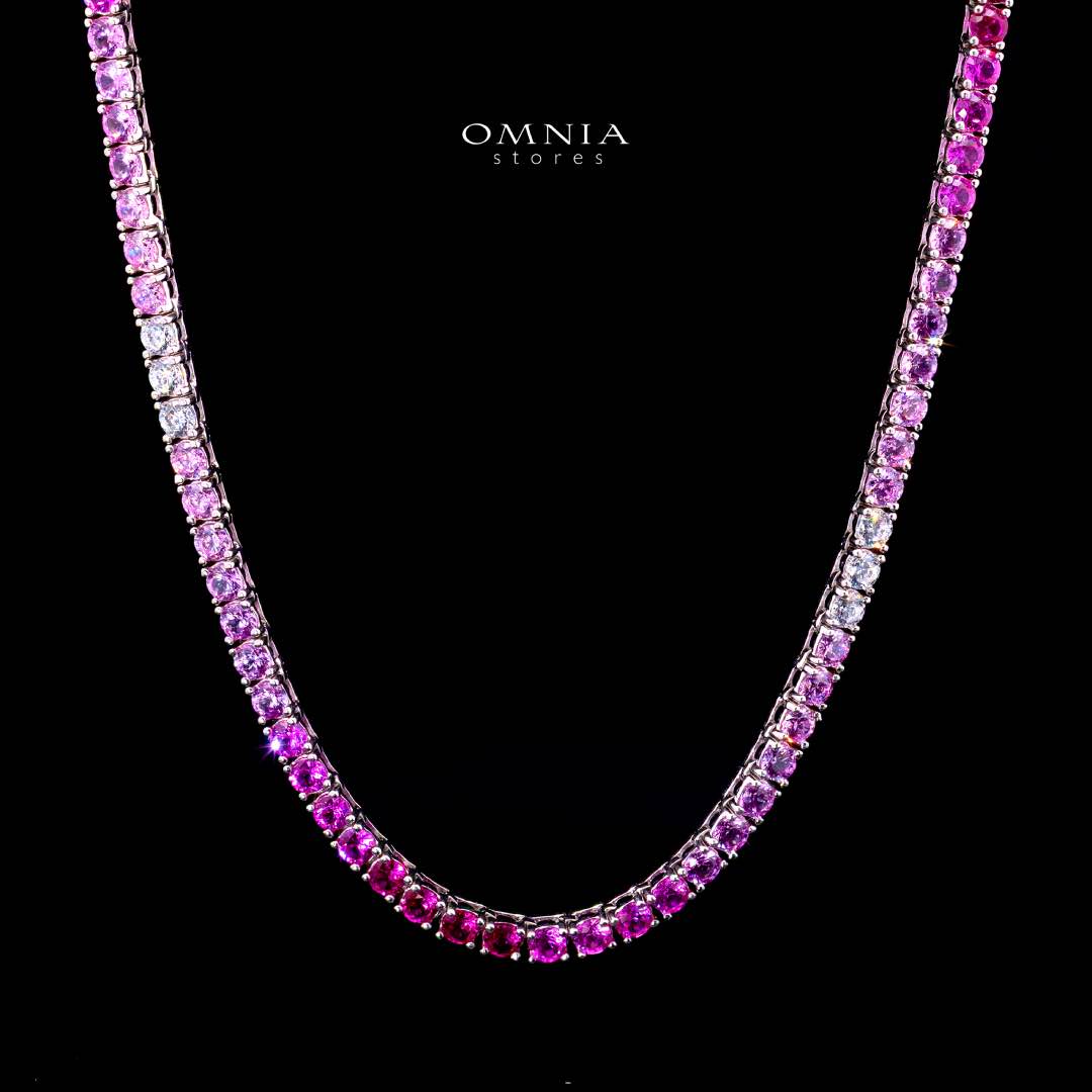 Omnia Saleen Pink 3mm Tennis Necklace 42cm in 925 Silver High Quality Simulated diamonds - OMNIASTORES KSA