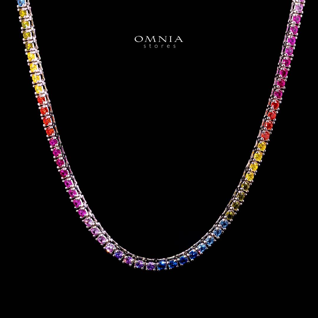 Omnia Saleen Multi-Colored Tennis Necklace 2.5mm in 92.5 Silver with High-Quality Simulated Diamonds - OMNIASTORES KSA