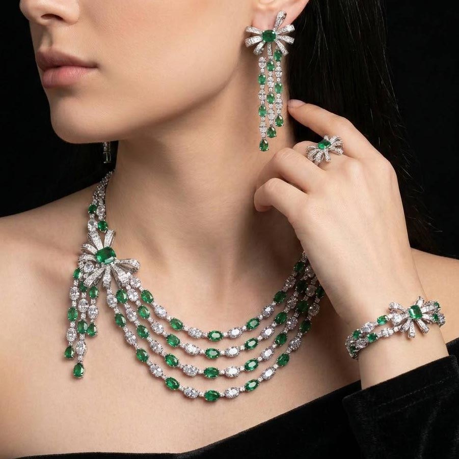 Omnia Mawada Green Bridal Full Set with Elegant Bow-Accent Design and High-Quality Zircon Stones in Rhodium Plated Finish - OMNIASTORES KSA