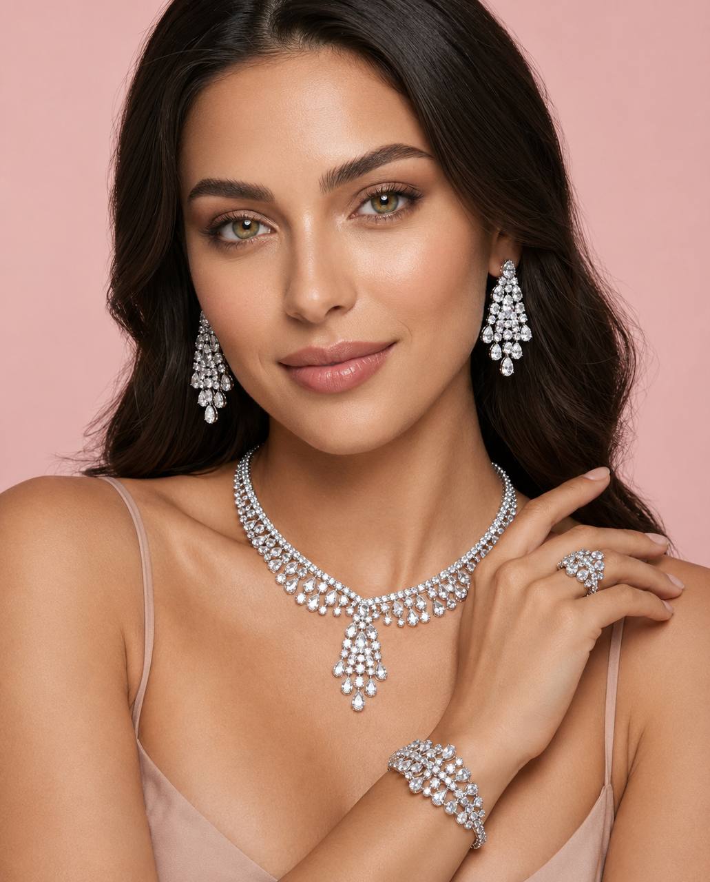 Omnia Minerva Luxury Bridal Full Set Accessories in High Quality Zircon Stone in Rhodium Plated - OMNIASTORES KSA