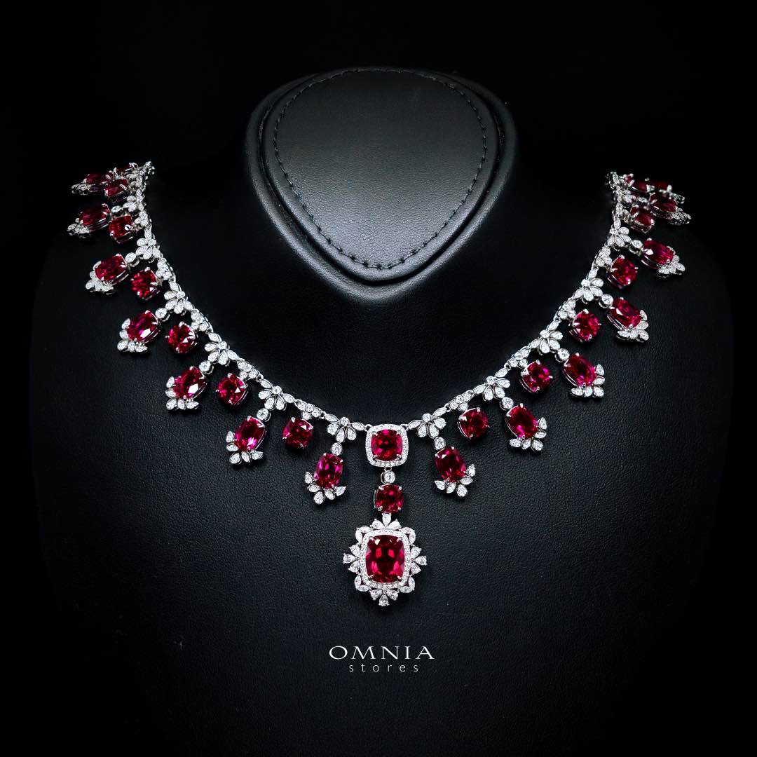 Omnia Alyah White and Red Necklace With High Quality GRC Certified Ruby Lab Grown Stones in 925 Silver - OMNIASTORES KSA