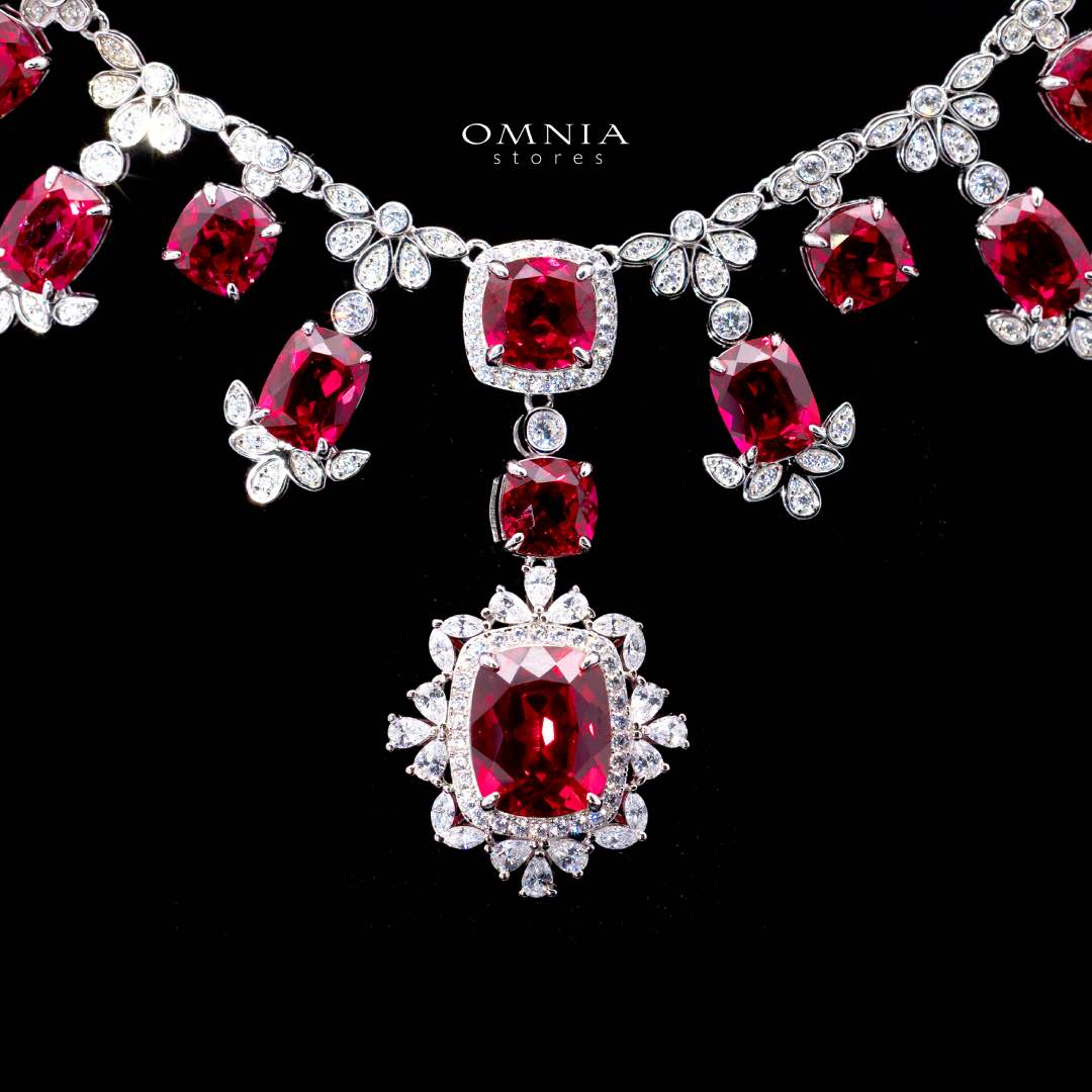 Omnia Alyah White and Red Necklace With High Quality GRC Certified Ruby Lab Grown Stones in 925 Silver - OMNIASTORES KSA