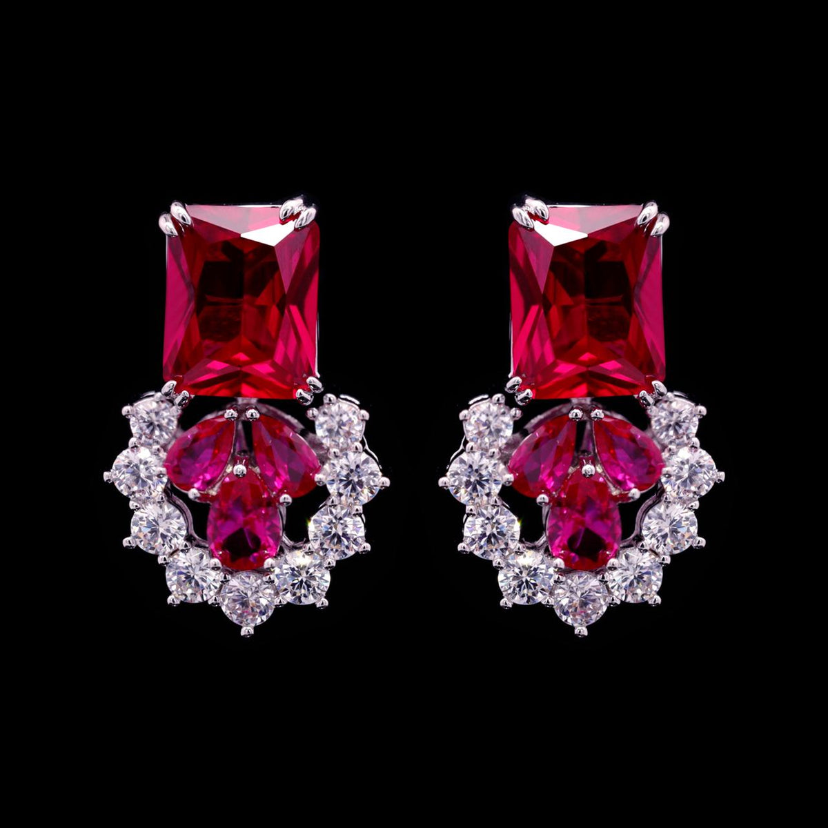 Nadirra Ruby Red Luxury Bridal Earring with High-Quality Zircon Stones Premium Rhodium Plating
