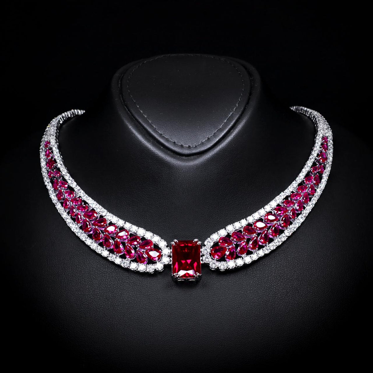 Nadirra Ruby Red Luxury Bridal Necklace with High-Quality Zircon Stones Premium Rhodium Plating